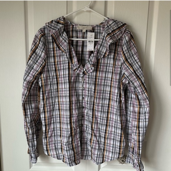 NWT LOFT Plaid Ruffle V-Neck Blouse - Picture 4 of 8
